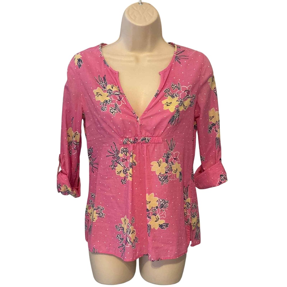 Lilly Pulitzer Pink Floral Polka Dot V-Neck Roll‎ Tab Sleeve Tunic Top XS